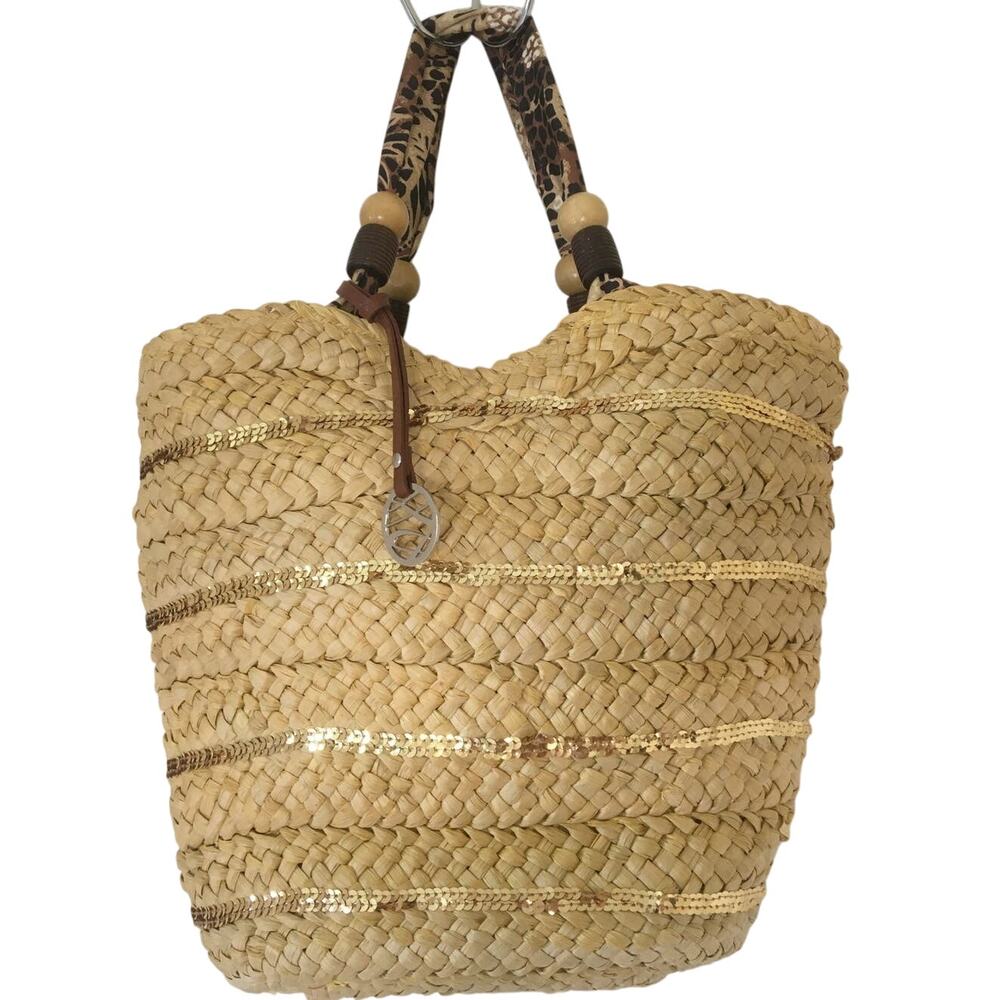 Style & Co Straw Basket Purse Drawstring Closure Gold Sequin Stripes Wood Beads